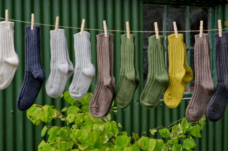 Knitted socks on a line